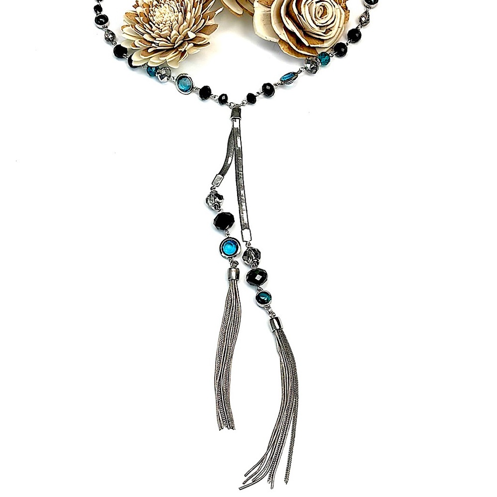WHBM TEAL & BLACK TASSEL NECKLACE